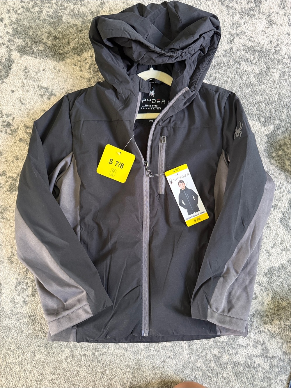 NWT Spyder Kids Black and Gray Hooded Rain Jacket small 7/8